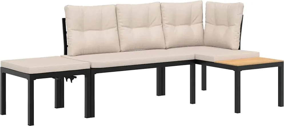 vidaXL Bănci grădină cu perne, 3 buc., negru oțel vopsit electrostatic