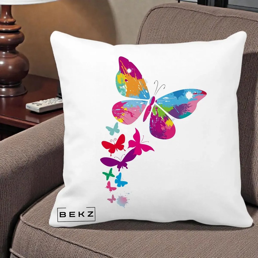 Perna Decorativa Fluturi Splash, 40x40 cm, Alba Mata, Husa Detasabila, Perna Inclusa, BEKZ®