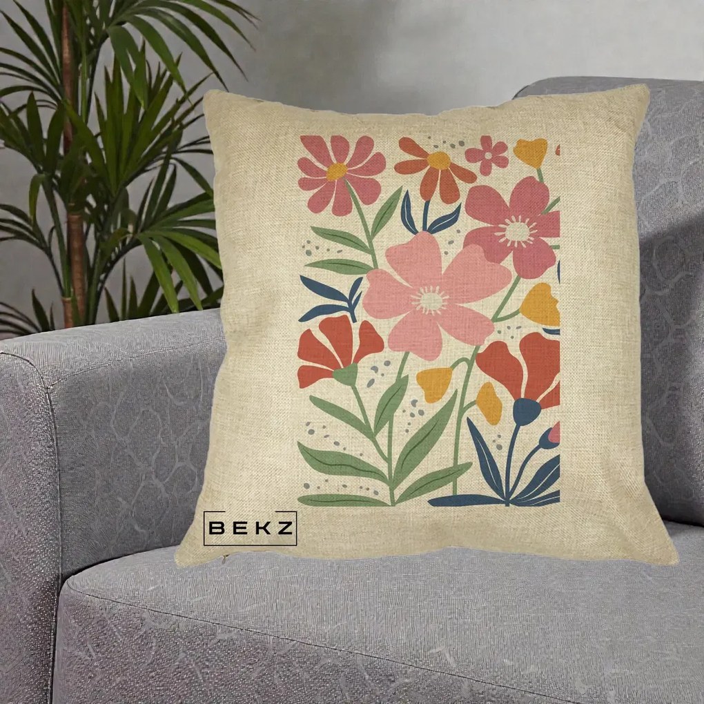 Perna Decorativa Flori Grafice Roz si Terracotta, 40x40 cm, Crem, Husa Detasabila, Perna Inclusa, BEKZ®