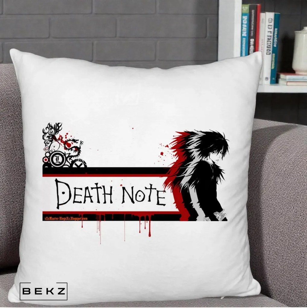 Perna Personalizata Death Note L Lawliet Rosu-Negru, 40x40 cm, Alb Pufos, Husa Detasabila, Perna Inclusa, BEKZ®