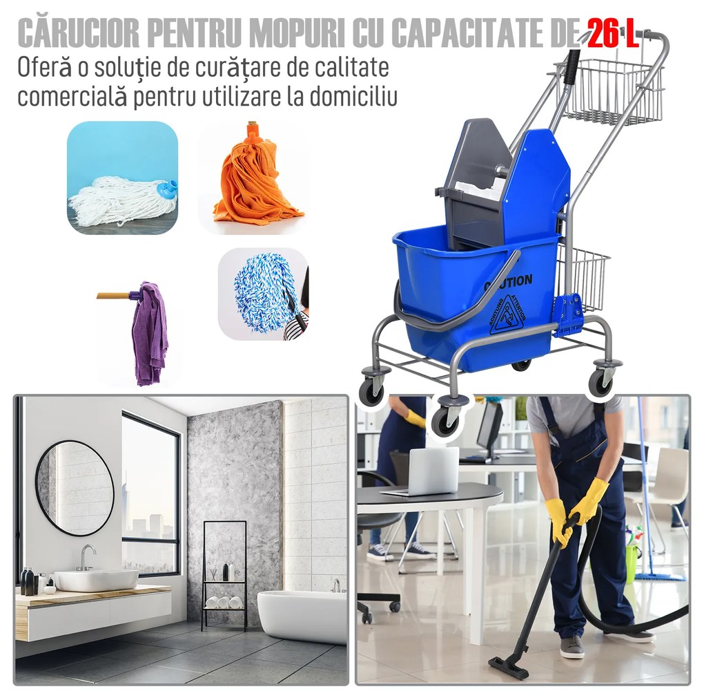 HOMCOM Cărucior Profesional de Curățenie cu Găleată, Storcător, 2 Coșuri și Mâner, 73x45x95 cm, Albastru | Aosom Romania