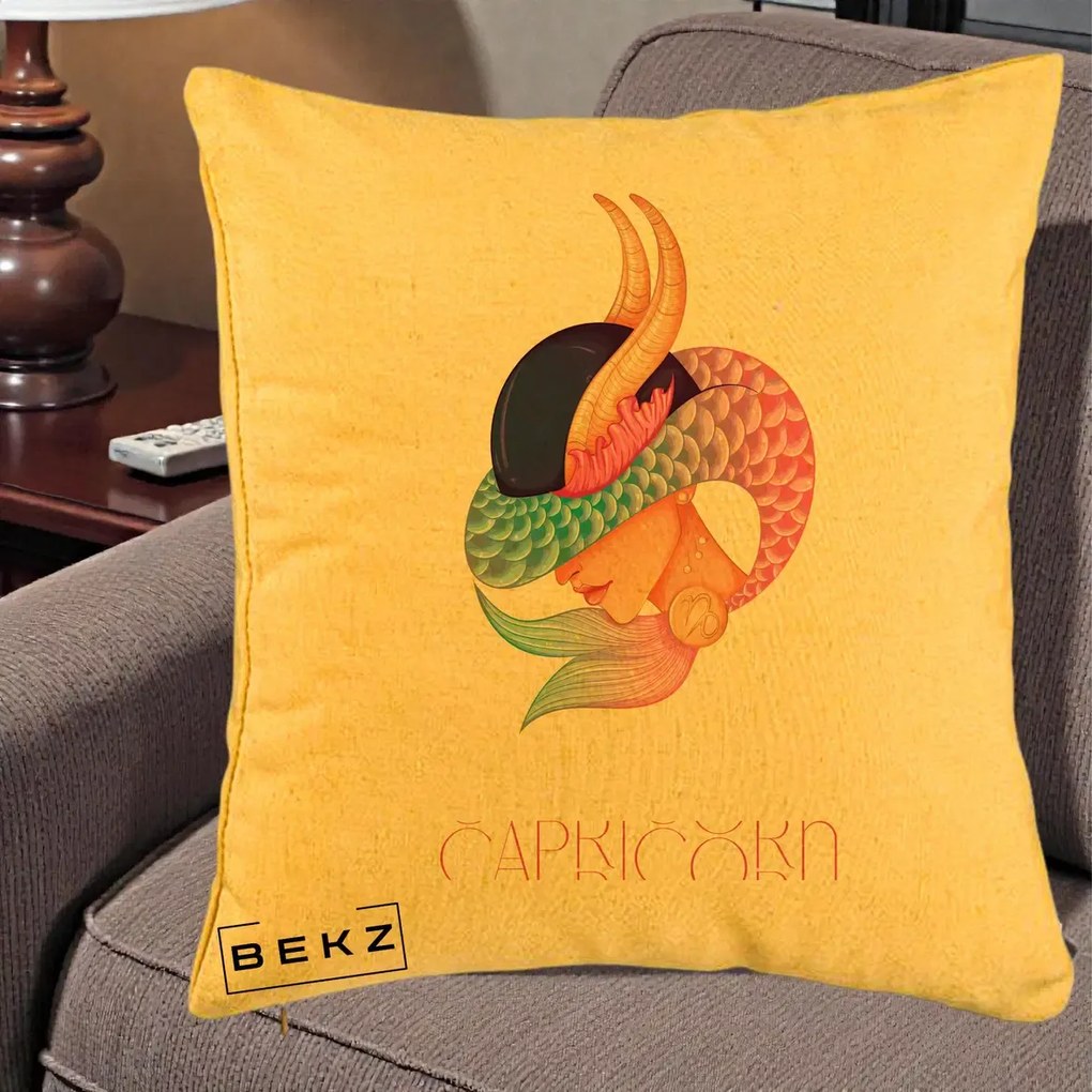 Perna Personalizata Zodiac Capricorn Cowgirl, 40x40 cm, Galben, Husa Detasabila, Perna Inclusa, BEKZ®