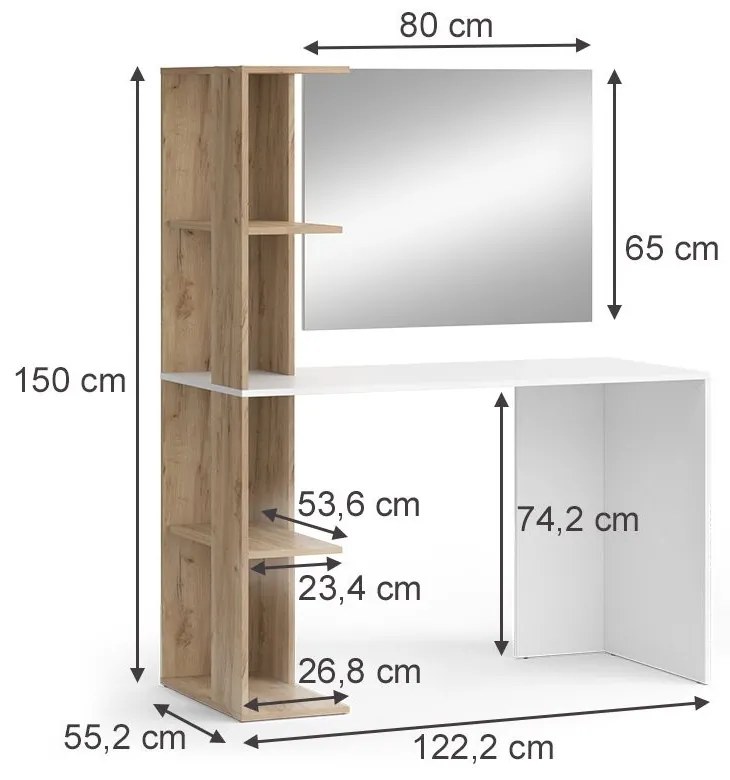 SEA477 - Set Masa toaleta, 122 cm, cosmetica, masuta machiaj, oglinda cu sau fara LED, cu sau fara scaun tapitat - Alb - culoarea Stejar