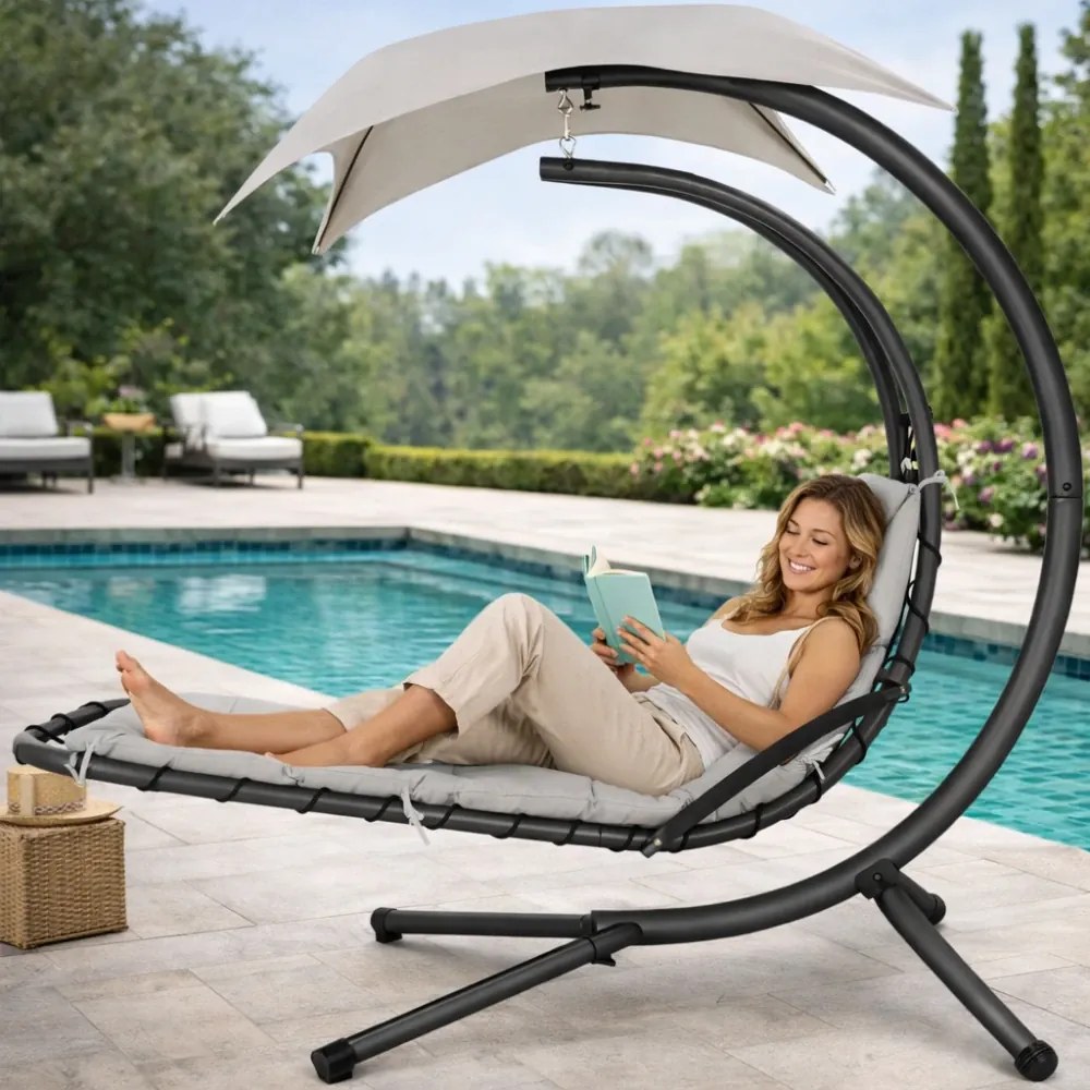 Șezlong suspendat din oțel, cu pernă încorporată, baldachin detașabil, White sand