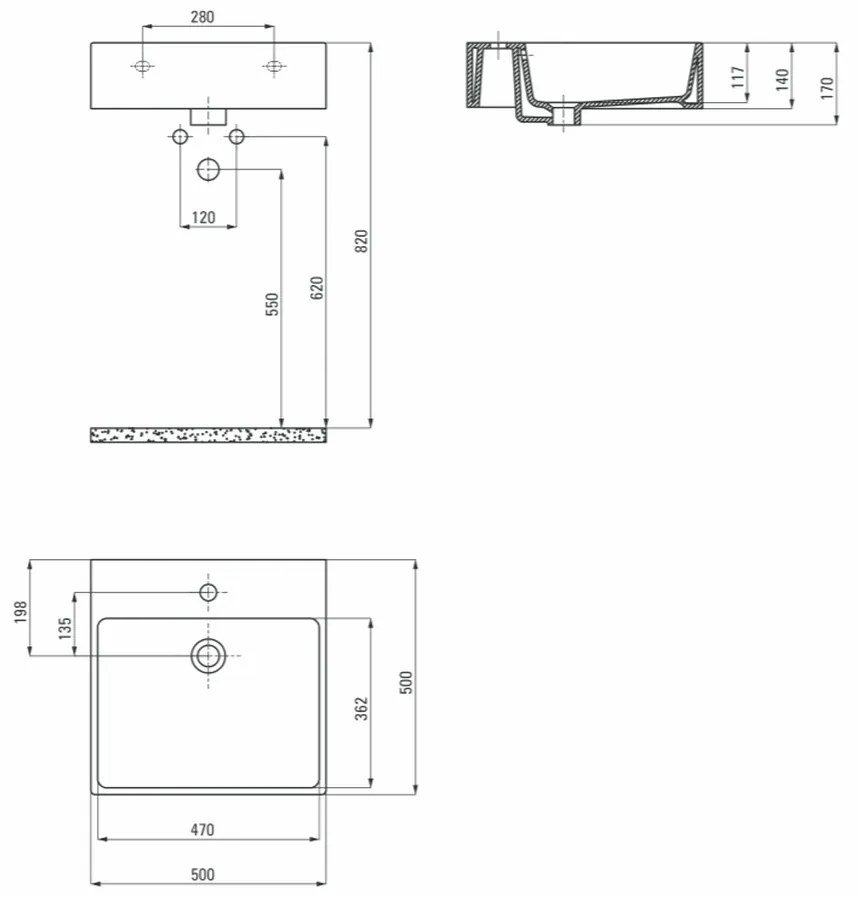 Lavoar pe blat alb lucios 50 cm, patrat, orificiu pentru baterie, Deante Temisto 500x500 mm