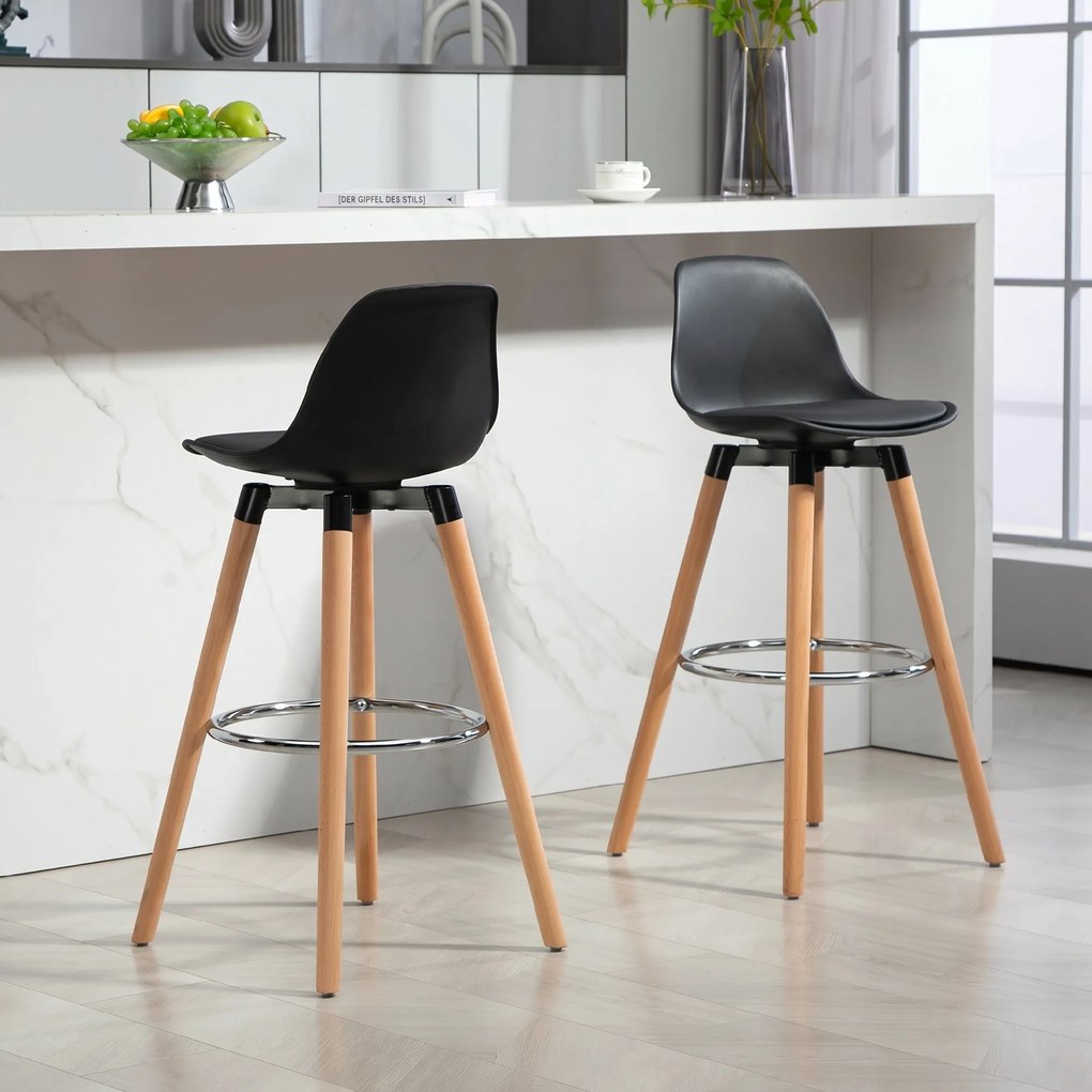 HOMCOM Set 2 Scaune de Bar Moderne din Piele Ecologică, Scaune Înalte de Bucătărie, Negru | Aosom Romania