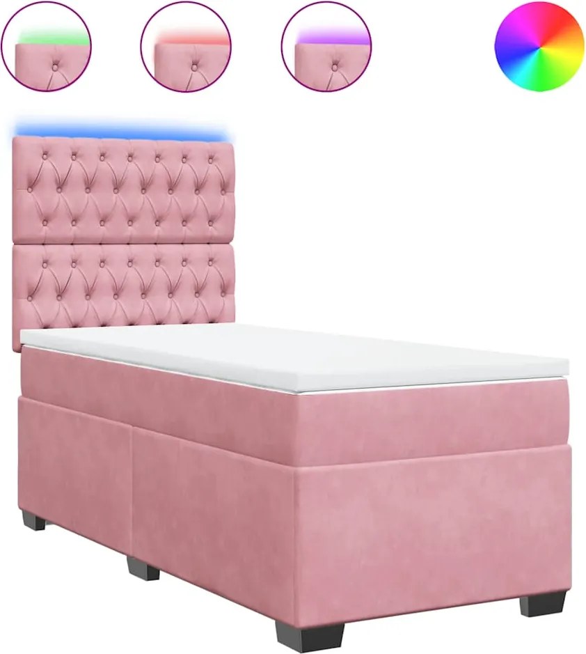 vidaXL Pat box spring cu saltea, roz, 90x190 cm, catifea