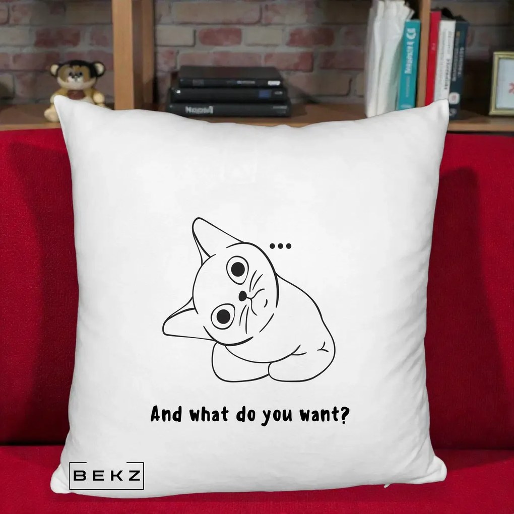 Perna Decorativa And What Do You Want Cat, 40x40 cm, Alb Pufos, Husa Detasabila, Perna Inclusa, BEKZ®