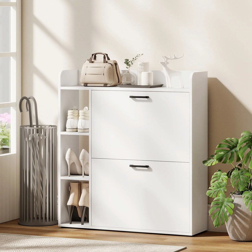 HOMCOM Dulap pentru pantofi slim cu 2 sertare rabatabile și 3 rafturi, Capacitate 15 perechi, 83x24x90.5 cm, Alb | Aosom Romania