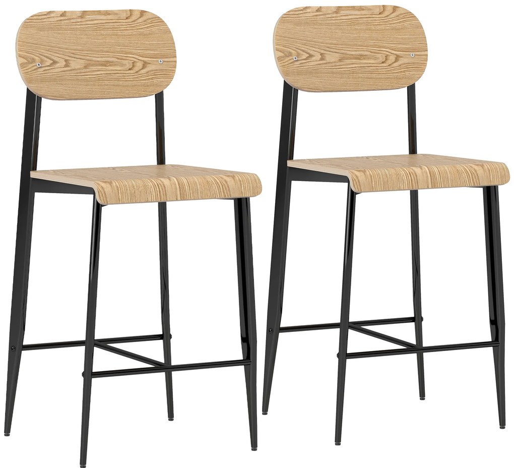 HOMCOM Set de 2 taburete de bar, înalte 65H cm cu spătar, structură din oțel, efect de lemn natural | Aosom Romania