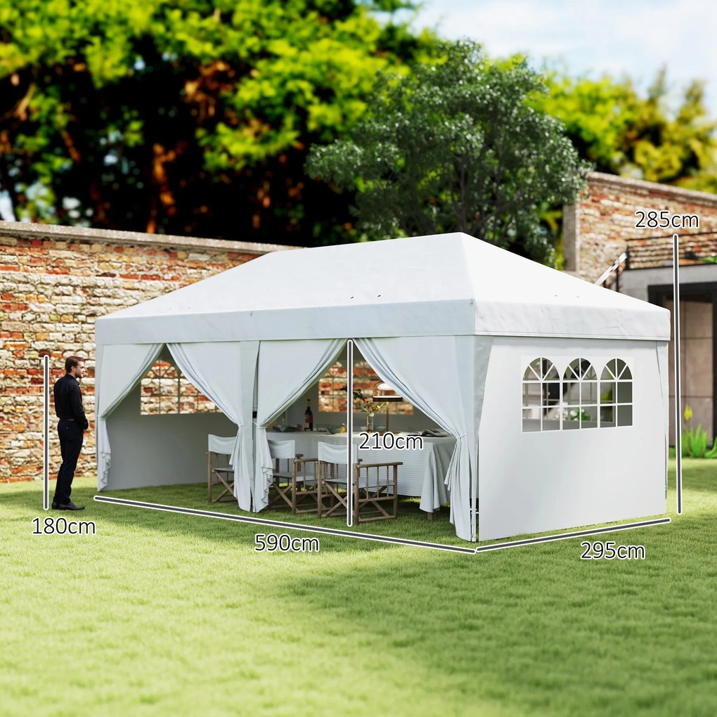 Outsunny Pavilion de grădină exterior pliabil 3 x 6 m cu 6 panouri laterale, sac de transport inclus, alb | Aosom Romania