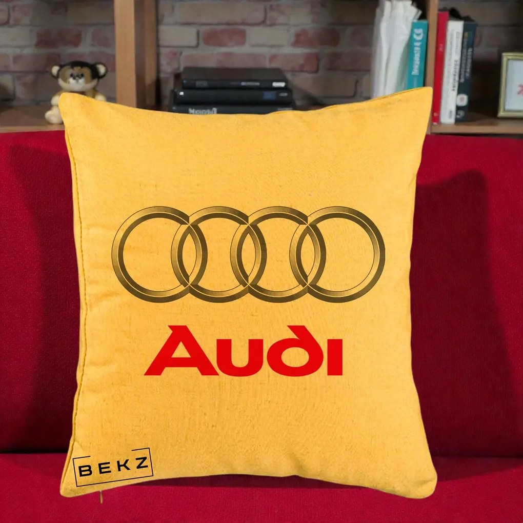 Perna Personalizata cu emblema Audi, 40x40 cm, Galben, Husa Detasabila, Perna Inclusa, BEKZ®
