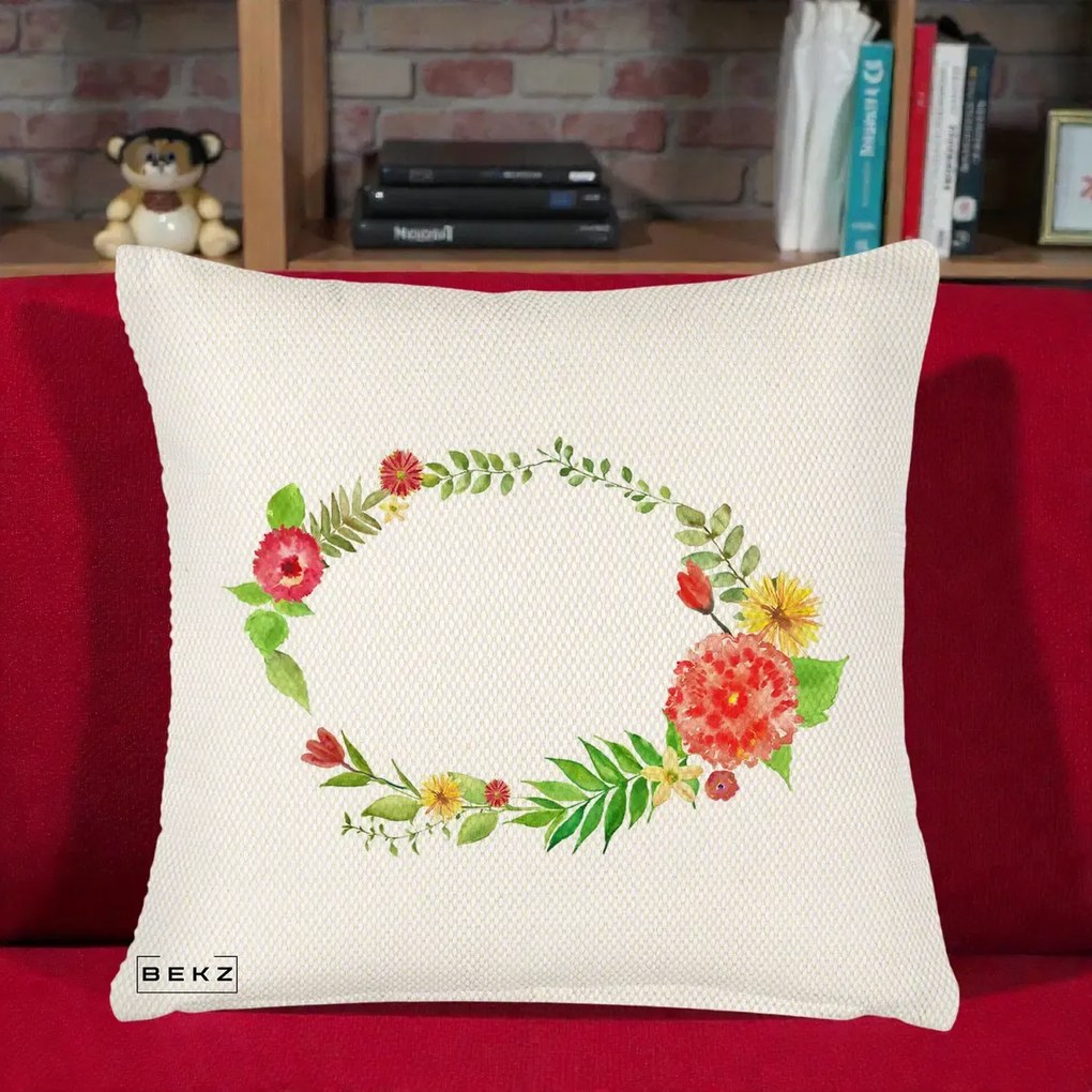 Perna Decorativa Coroana Florala Acuarela, 40x40 cm, Crem Reliefat, Husa Detasabila, Perna Inclusa, BEKZ®