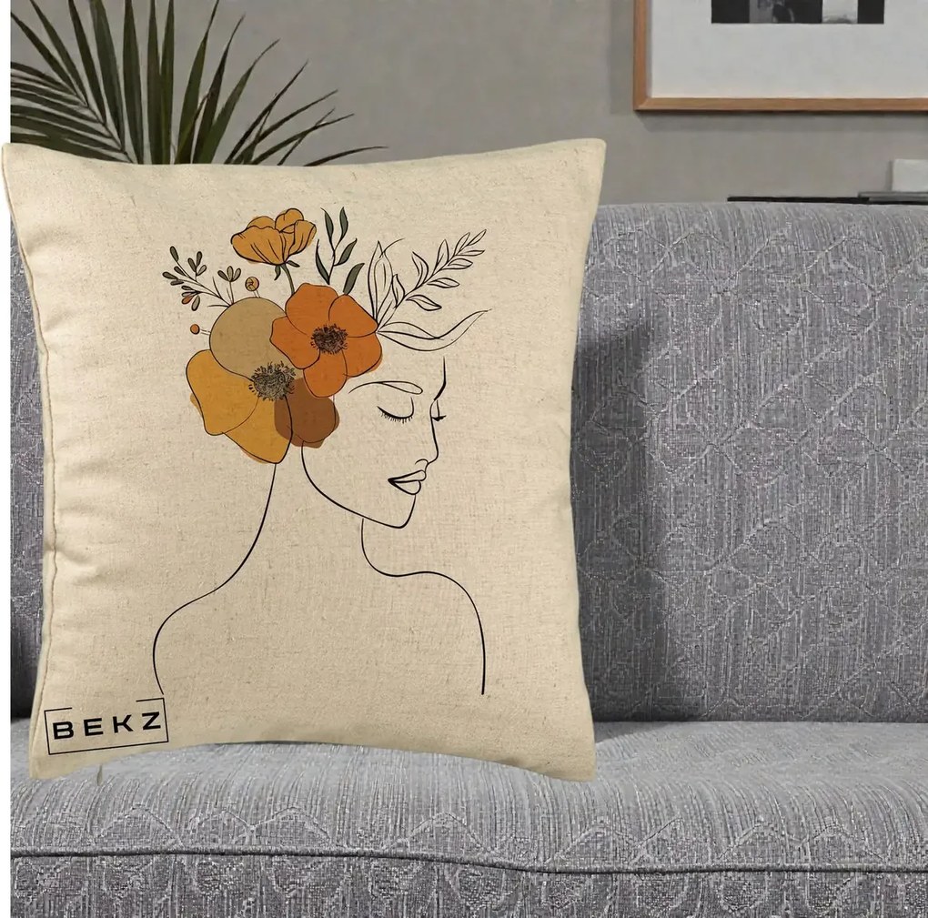 Perna Decorativa Portret Feminin Flori Galbene-Portocalii, 40x40 cm, Bej, Husa Detasabila, Perna Inclusa, BEKZ®