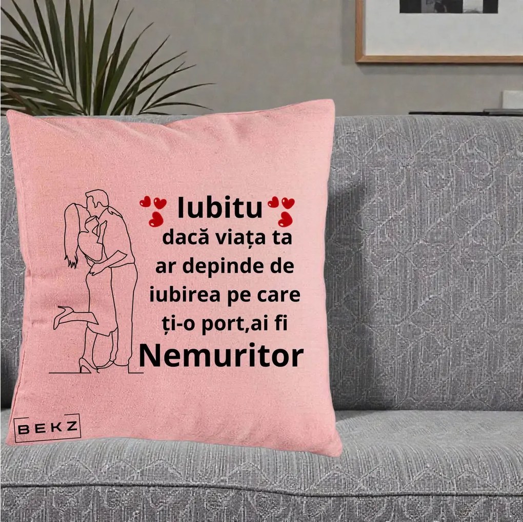 Cadou pentru Iubit - Perna Personalizata Iubitu Nemuritor cu Cuplu Line-Art si Inimi Rosii, 40x40 cm, Roz, Husa Detasabila, Perna Inclusa, BEKZ®