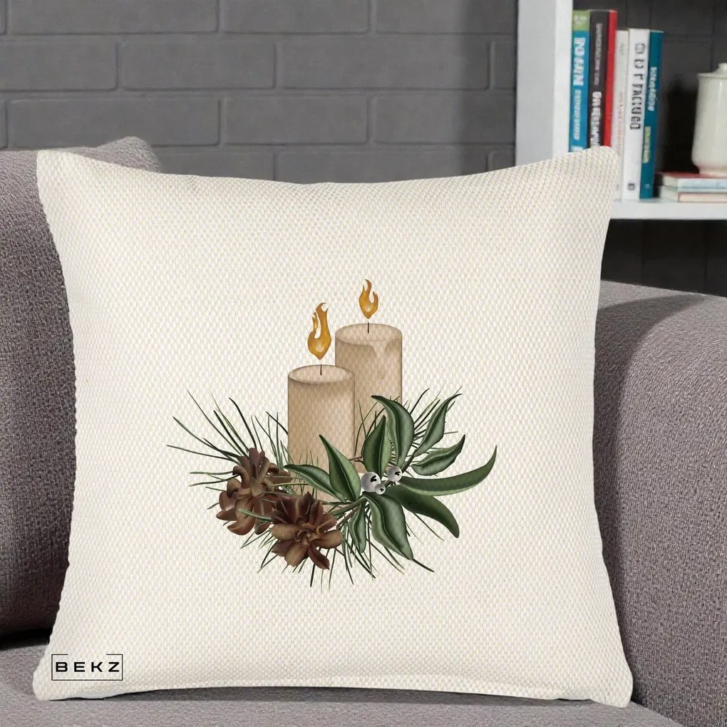 Perna Decorativa Lumanari cu Ilex si Conuri Ilustratie, 40x40 cm, Crem Reliefat, Husa Detasabila, Perna Inclusa, BEKZ®