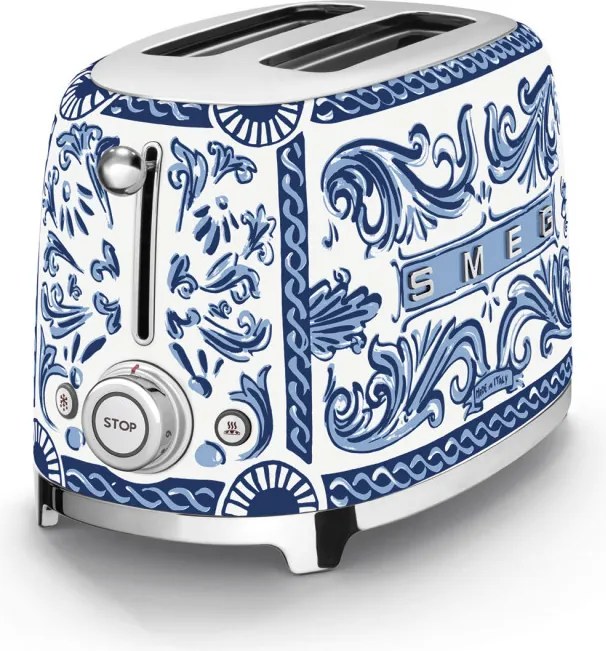 Prajitor de paine SMEG Dolce & Gabbana Blu Mediterraneo TSF01DGBEU, 950 W, 2 felii, 6 trepte, Tava pentru firimituri, Cablu integrat, Otel inoxidabil, Albastru