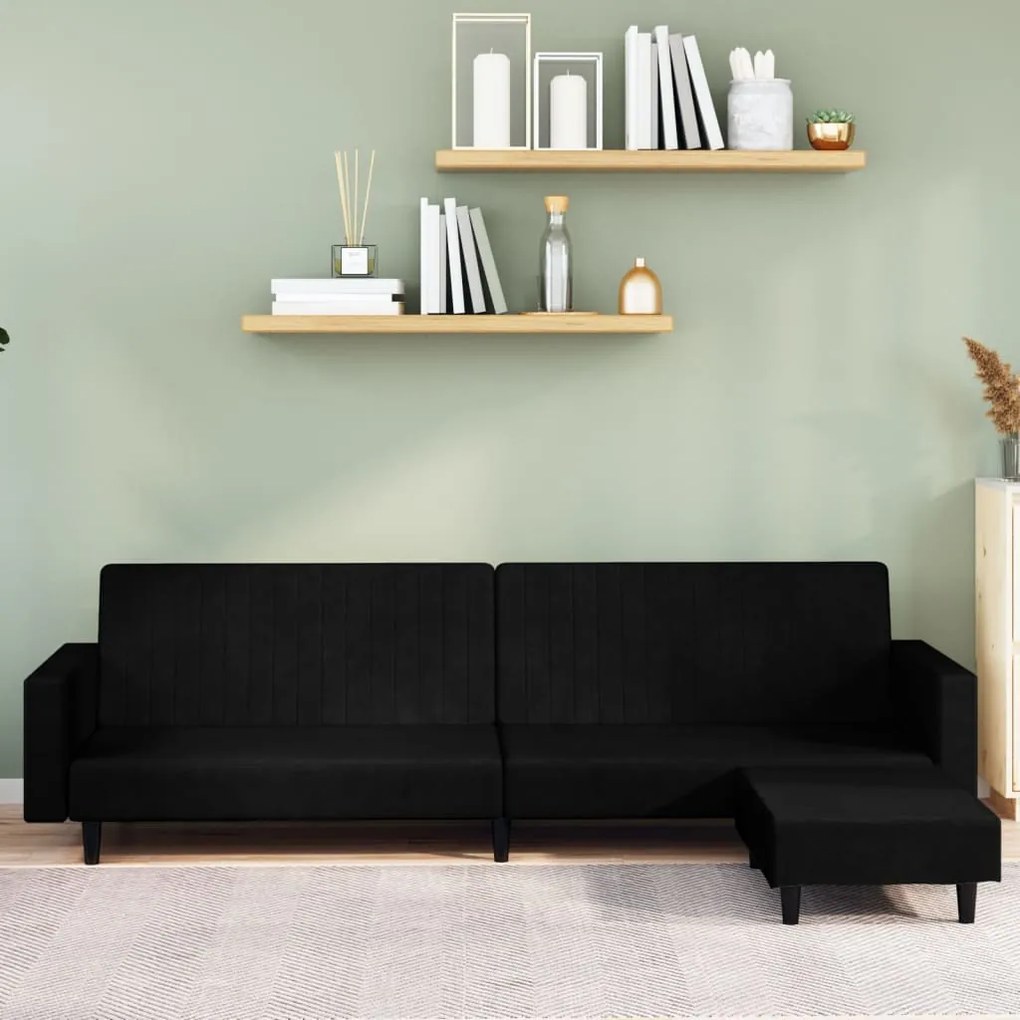 3081871 vidaXL Canapea extensibilă cu taburet, 2 locuri, negru, catifea