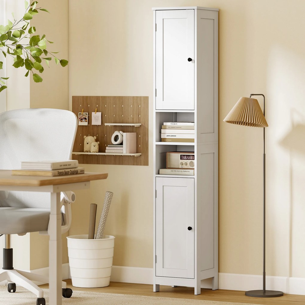 HOMCOM Dulap înalt și îngust pentru baie cu uși, rafturi deschise, 30 x 30 x 170 cm, Alb | Aosom Romania