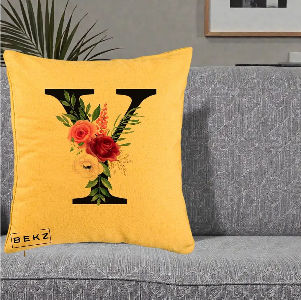 Cadou Personalizat - Perna Personalizata Monograma Florala Litera Y cu Buchet, 40x40 cm, Galben, Husa Detasabila, Perna Inclusa, BEKZ®