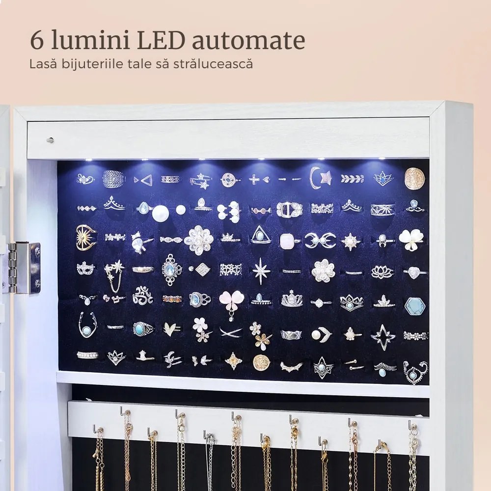Dulap pentru bijuterii montat pe perete cu oglindă JEWELIA, cu iluminare LED, 10x37x120 cm, alb SongmicsHome