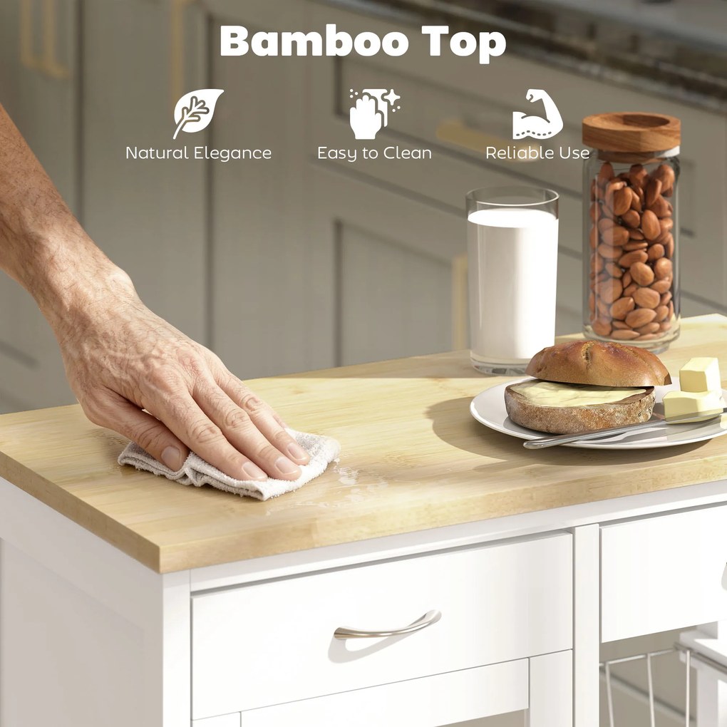 HOMCOM Cărucior de Bucătărie din Bambus cu 2 Sertare, Dulap, Raft și 2 Coșuri din Oțel, 67x35x80 cm, Alb | Aosom Romania