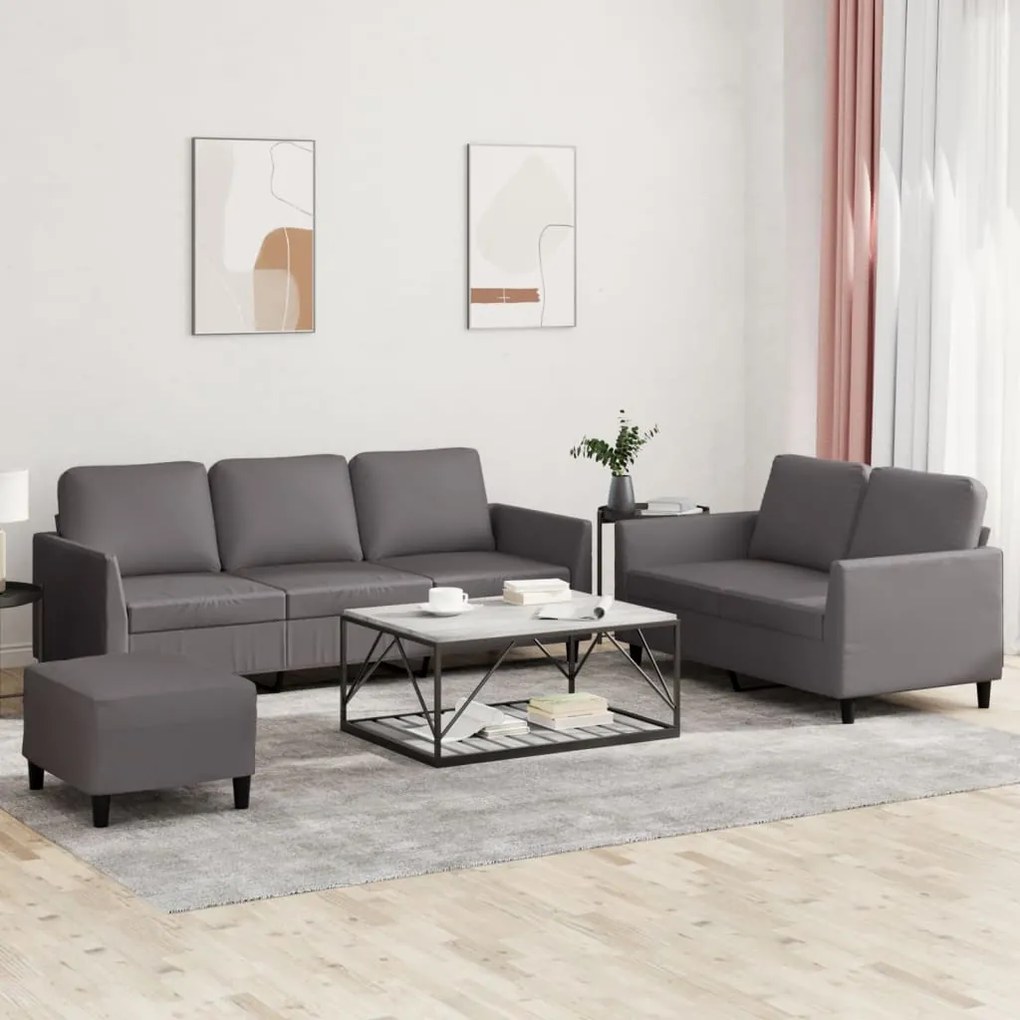 vidaXL Set de canapele cu perne, 3 piese, gri, piele ecologică