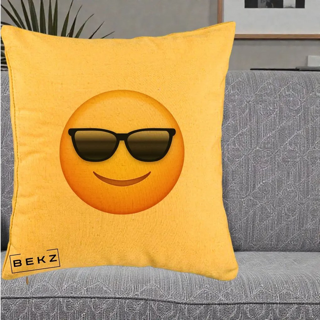 Perna Decorativa Emoji Cool Ochelari, 40x40 cm, Galben, Husa Detasabila, Perna Inclusa, BEKZ®