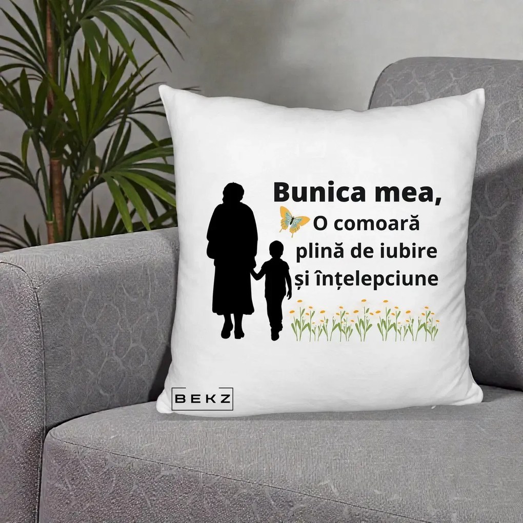 Cadou pentru Bunica - Perna Personalizata Bunica Mea Comoara cu Fluture si Baietel, 40x40 cm, Alb Pufos, Husa Detasabila, Perna Inclusa, BEKZ®