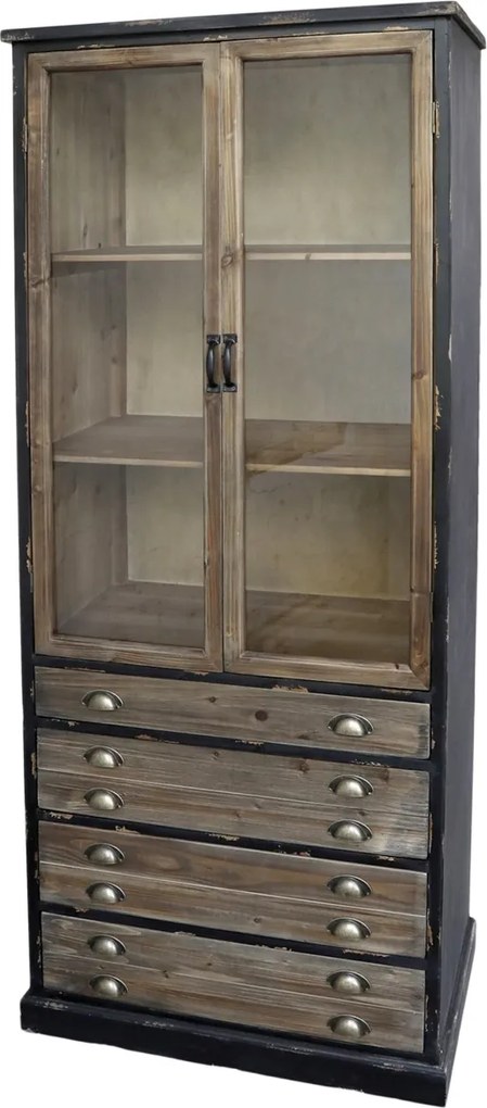 Bufet vitrină vintage din lemn, negru și natur, cu 2 uși vitrate, 2 rafturi și 4 sertare, finisaj antichizat, 191 x 80 x 48 cm, „Dinan”