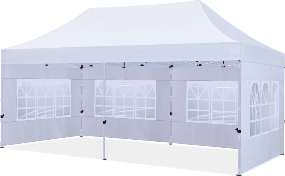 ABCCANOPY – Cort pavilion pliabil 6x3 m, înălțime reglabilă 3 trepte, pereți cu ferestre transparente, impermeabil, Alb