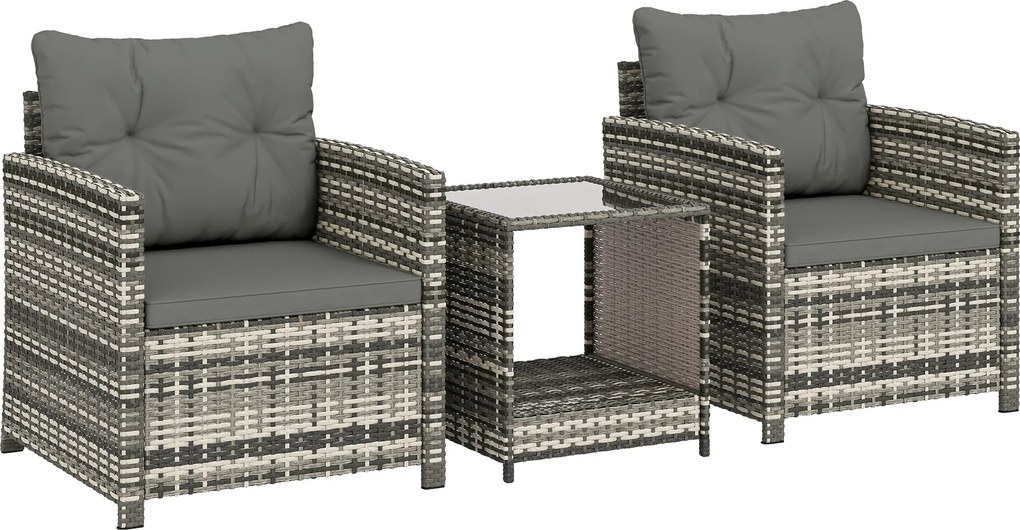 Outsunny Set mobilier exterior 3 piese din rășină împletită, masă și 2 fotolii cu perne, 62x65x75 cm, Gri deschis | Aosom Romania