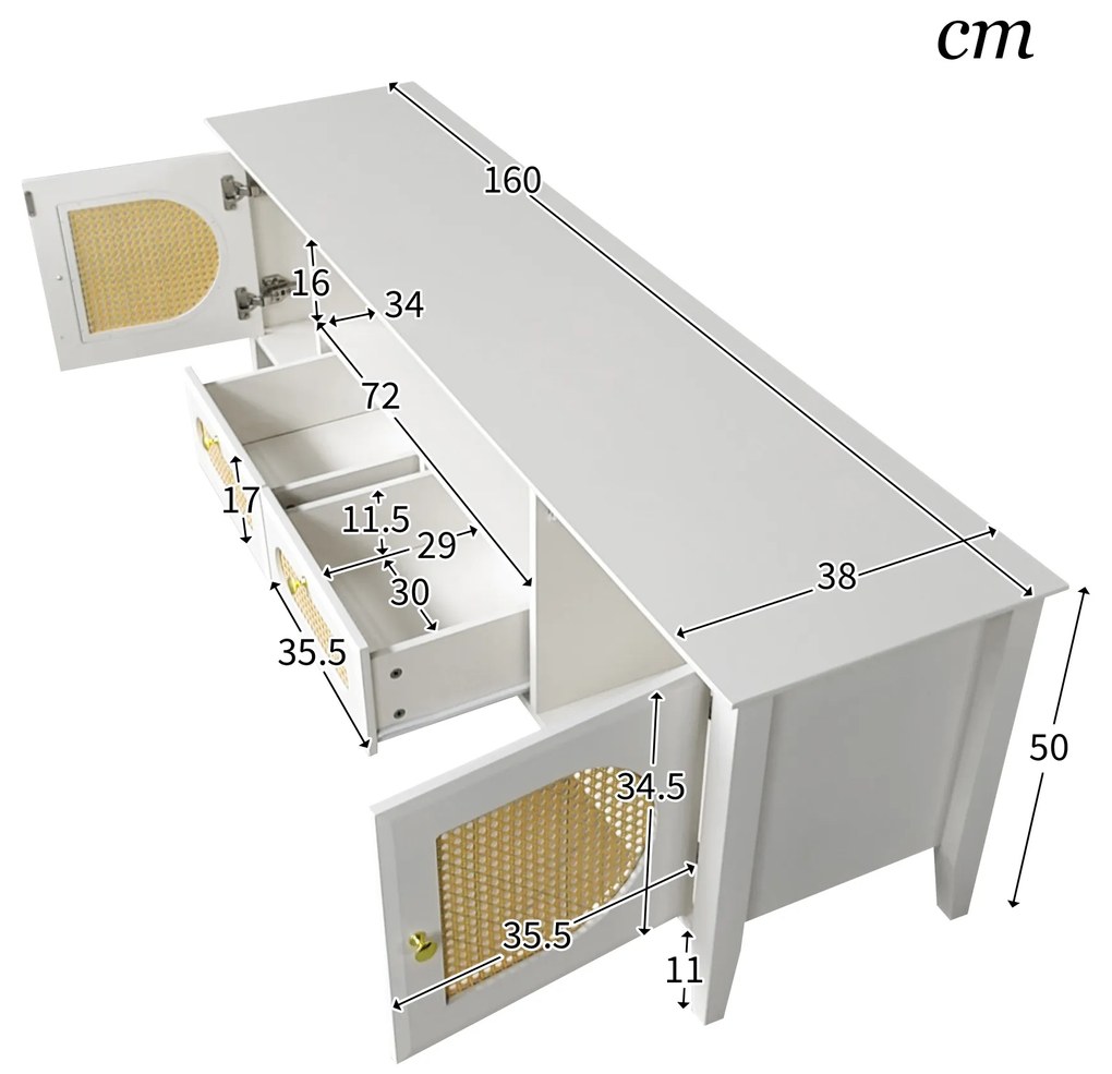 Mobilierul TV din Rattan Curbat cu Uși Pictate și Compartimente Deschise, 160x38x50 cm, Alb