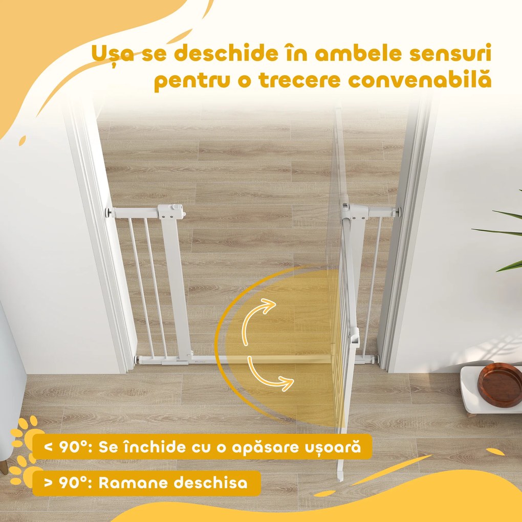 PawHut Ușă de Siguranță pentru Câini de Interior cu 2 Extensii și Ușiță pentru Pisici, 76-104x77 cm, Alb | Aosom Romania