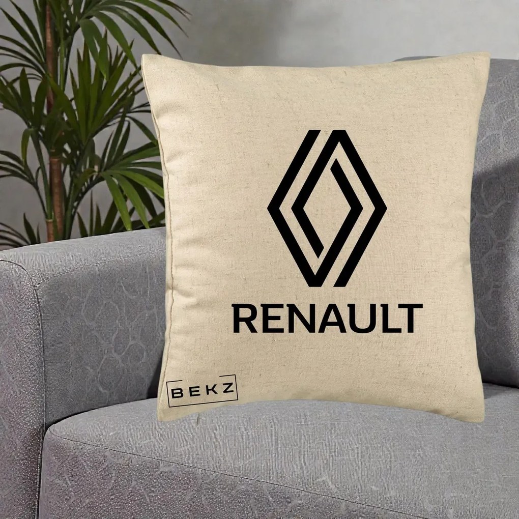 Perna Personalizata cu emblema Renault, 40x40 cm, Bej, Husa Detasabila, Perna Inclusa, BEKZ®
