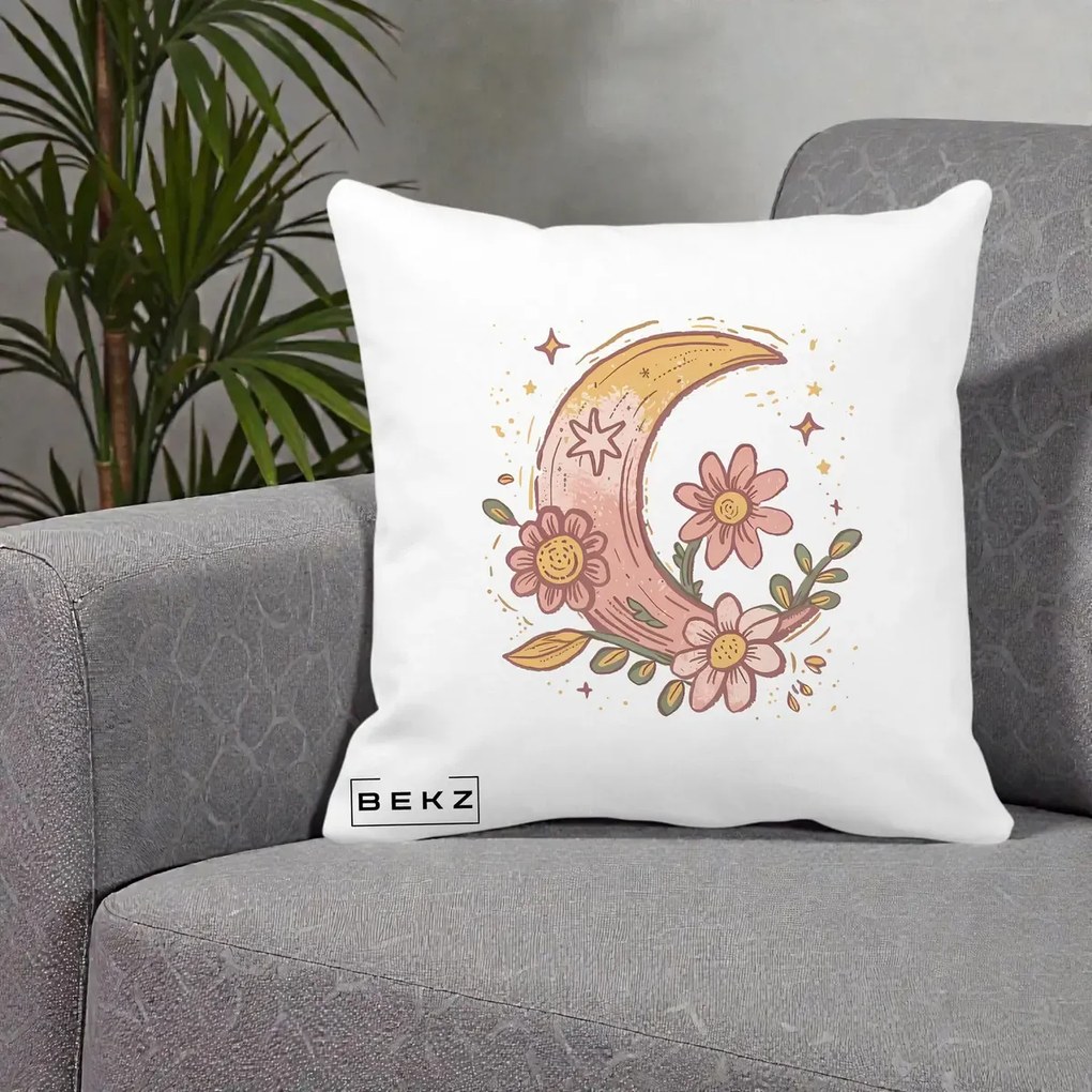 Perna Decorativa Luna Florala Boho, 40x40 cm, Alba Mata, Husa Detasabila, Perna Inclusa, BEKZ®