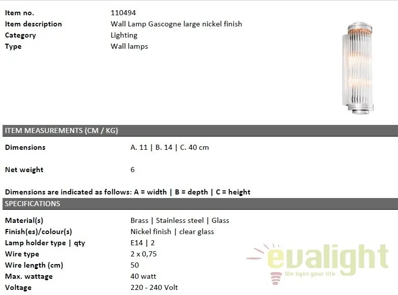 Aplica de perete design LUX Gascogne L nickel 110494 HZ