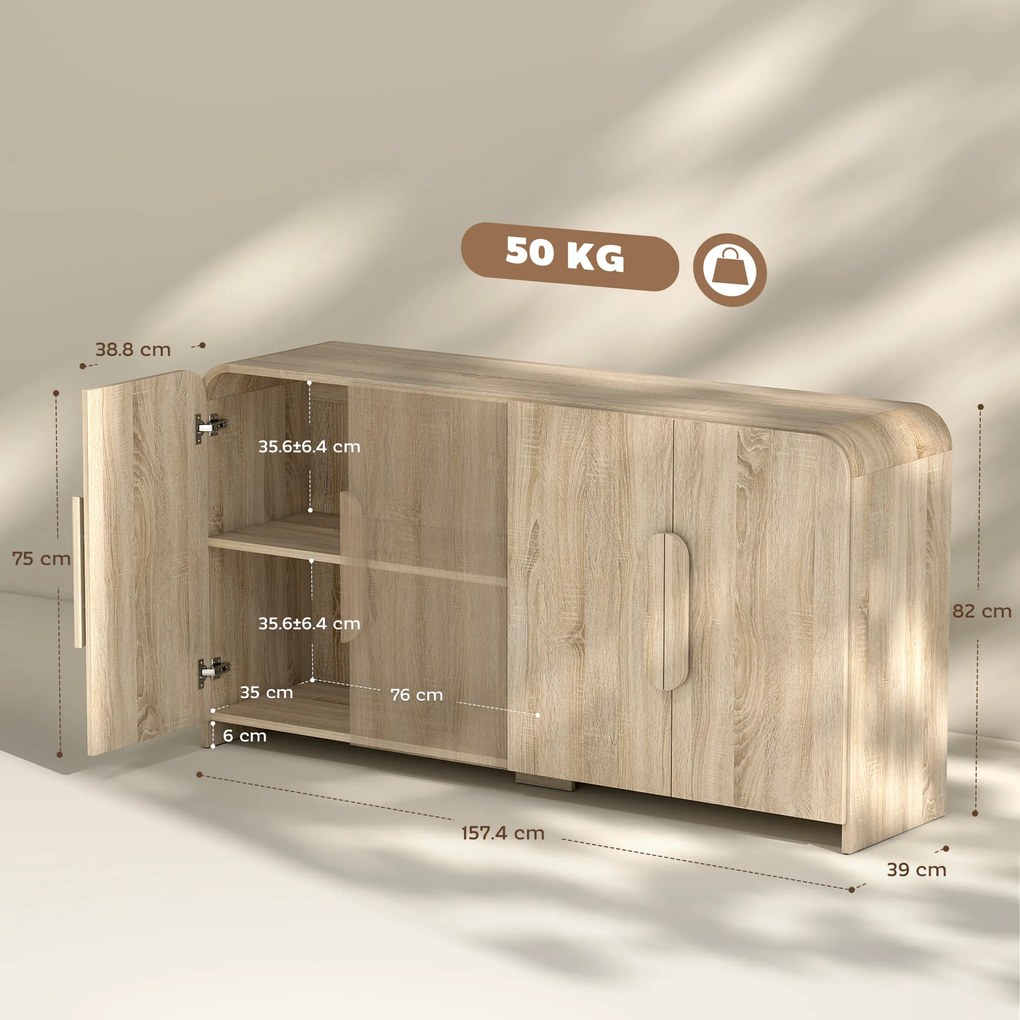 HOMCOM Comodă pentru Bucătărie, Mobilă cu Uși Soft-Close, Colțuri Rotunjite, Rafturi Reglabile, Stil Modern, Comodă pentru Living, Sufragerie, 157,4x39x82cm, Lemn Natural | Aosom Romania
