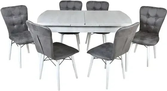 Set masa extensibila cu 6 scaune tapitate Homs cristal  bej-gri-picior-alb-170 x 80 cm