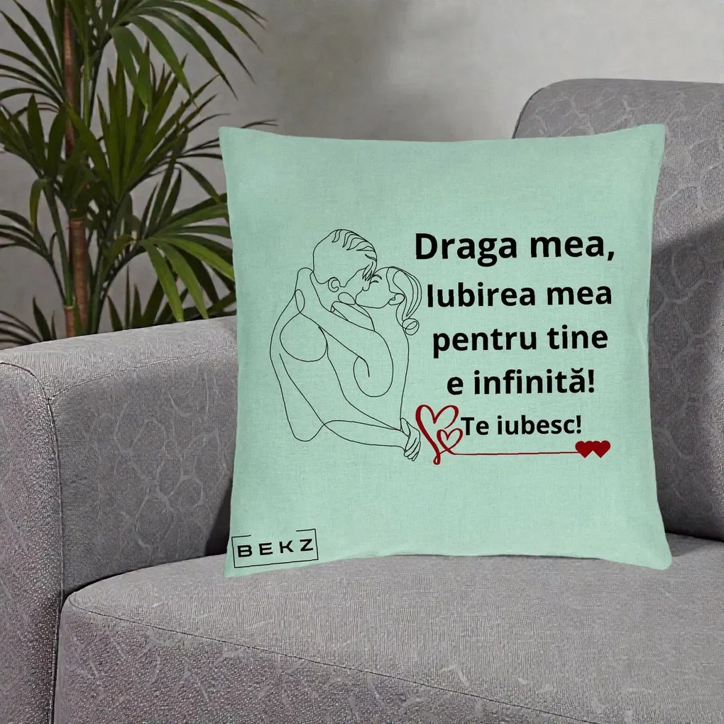 Cadou pentru Iubita - Perna Personalizata Draga Mea Iubirea Mea pentru Tine e Infinita Te Iubesc, 40x40 cm, Verde Menta, Husa Detasabila, Perna Inclusa, BEKZ®