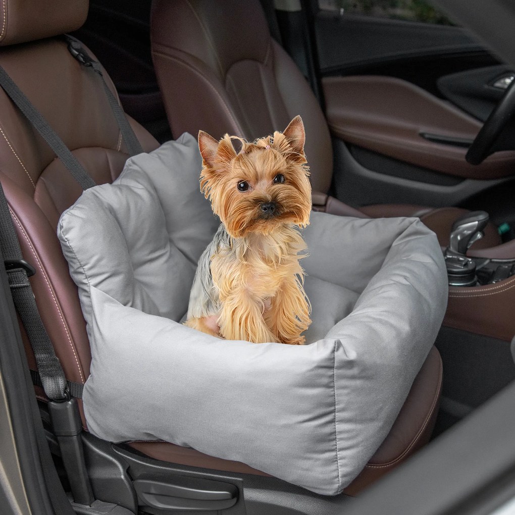 PawHut Scaun de Mașină pentru Câini Mici, Canisă Auto din Bumbac, Detașabilă și Lavabilă, cu Curele de Siguranță, Gri Închis | Aosom Romania