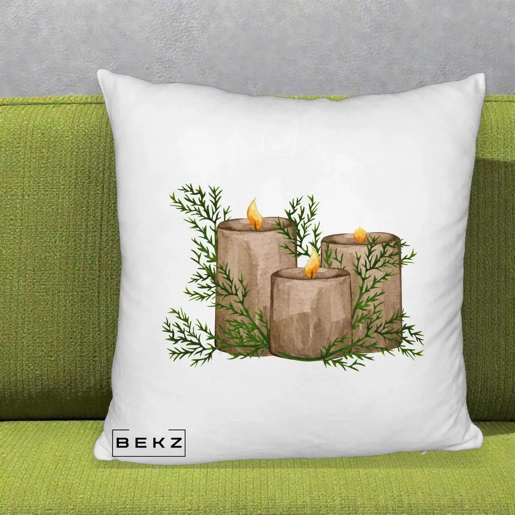 Perna Decorativa Lumanari Rustice cu Crengute Brad, 40x40 cm, Alb Pufos, Husa Detasabila, Perna Inclusa, BEKZ®