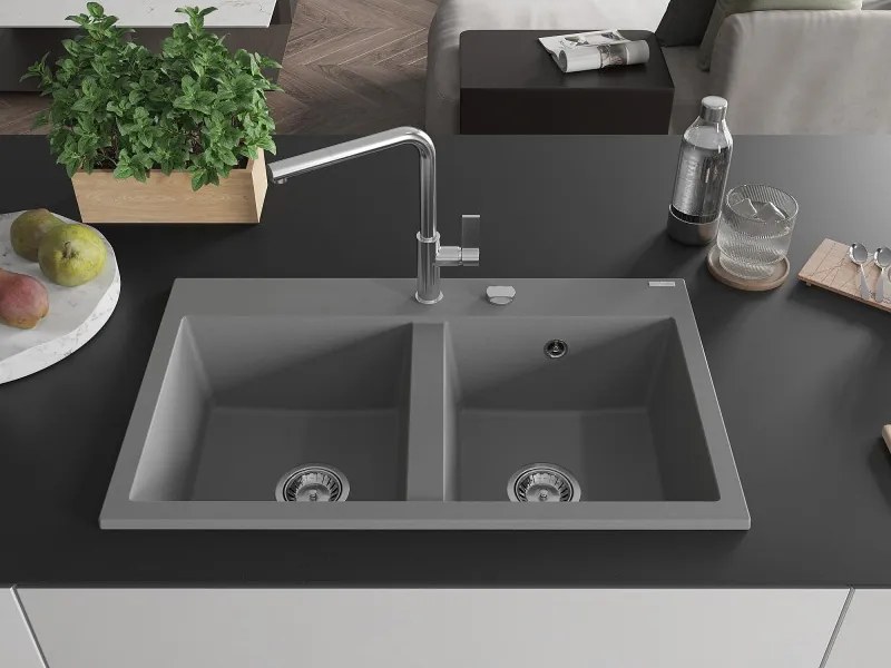 Mexen Hektor chiuvetă din granit cu 2 compartimente 800 x 480 mm, gri, sifon crom - 6521802000-71
