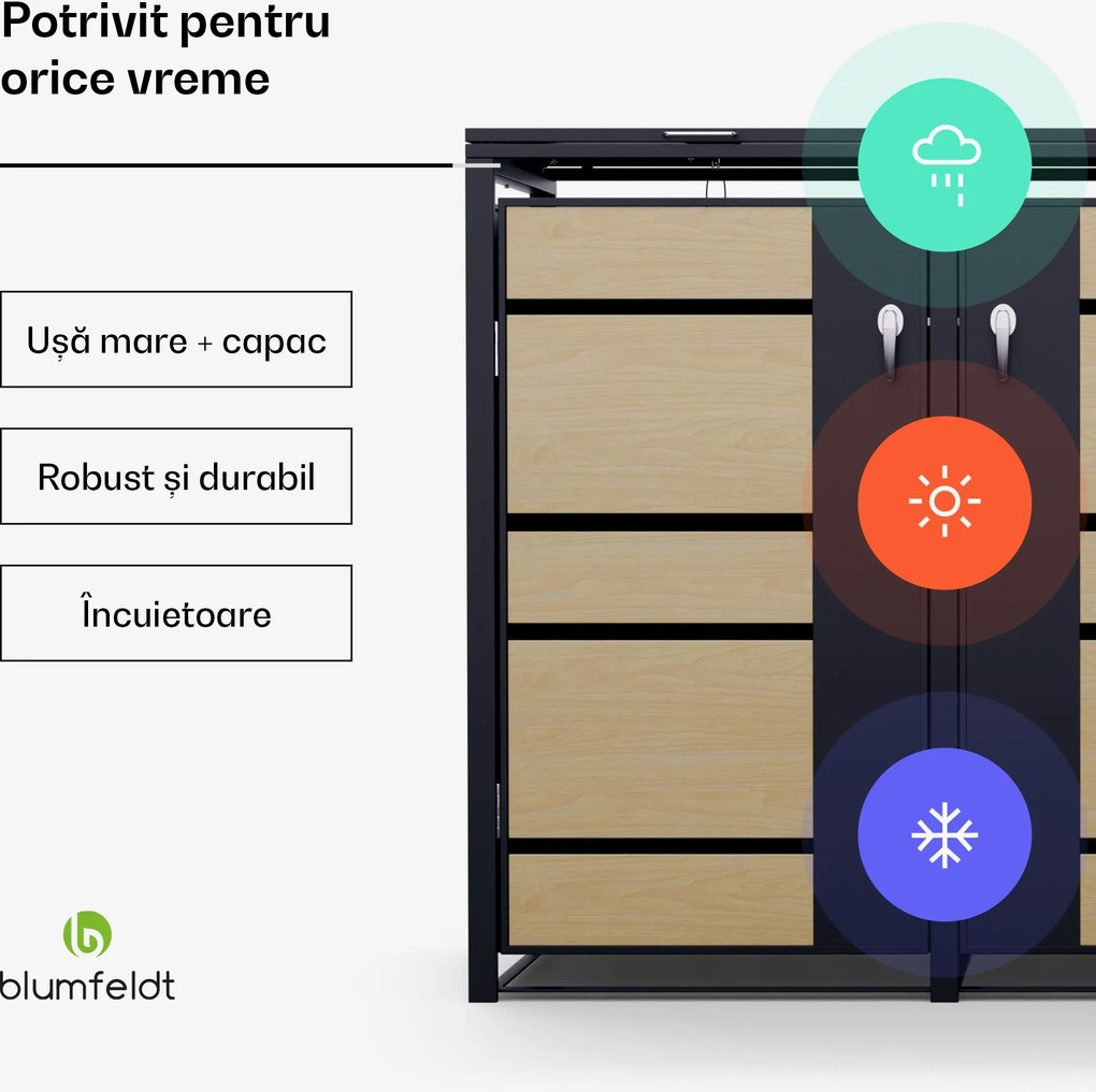 Blumfeldt BinSafe, coș de gunoi, 3 coșuri de gunoi, 240 l, cu încuietoare, din oțel galvanizat rezistent la intemperii