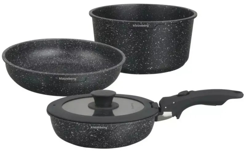 Set cratita si tigai Klausberg KB 7858, 5 piese, Capac din sticla, Maner universal, Finisaj marmura, Inductie, Negru