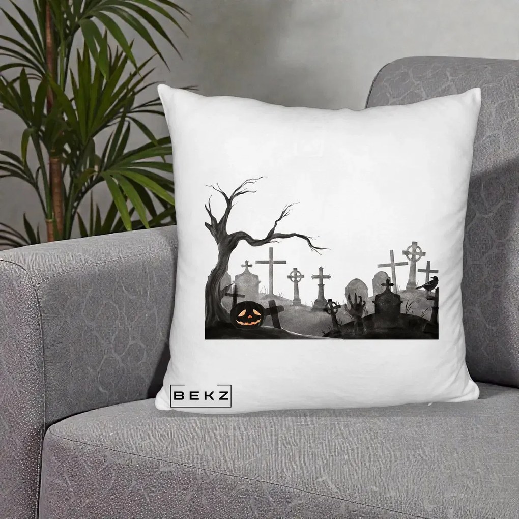 Perna Decorativa Halloween Cimitir Acuarela cu Dovleac, 40x40 cm, Alb Pufos, Husa Detasabila, Perna Inclusa, BEKZ®