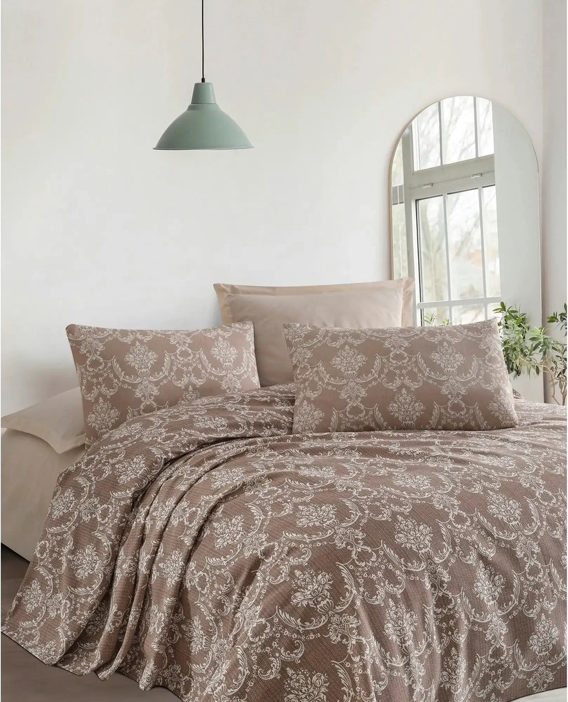 Set cuvertura pat PURE, maro, bumbac, 160x235 cm, cu cearsaf si fata d