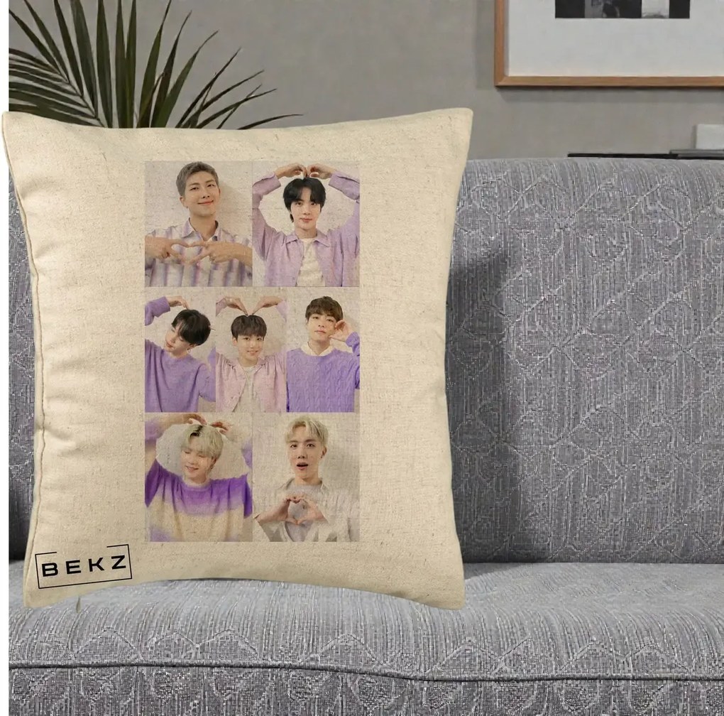 Perna Personalizata K-pop BTS Colaj 7 Portrete cu Inimi Lila, 40x40 cm, Bej, Husa Detasabila, Perna Inclusa, BEKZ®