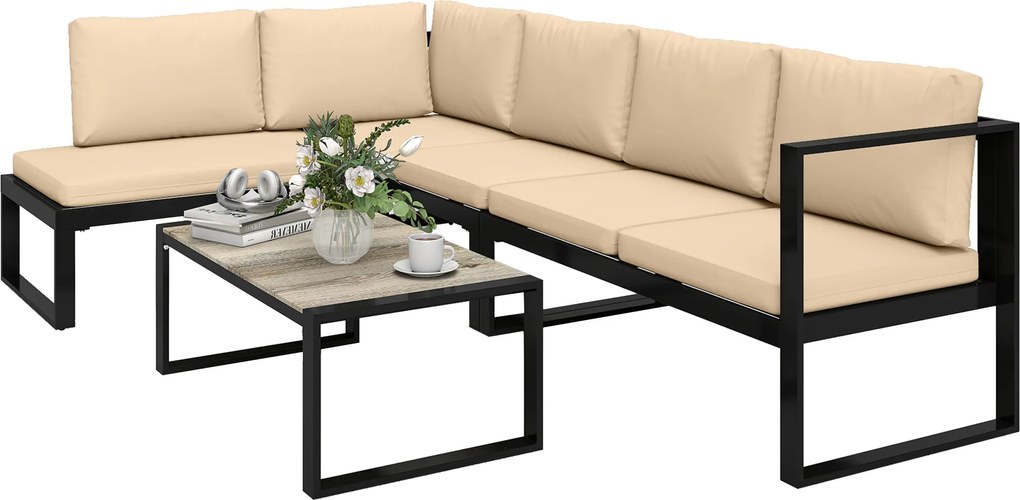 Outsunny Set mobilier de grădină 4 piese, set canapele cu 2 canapele duble, scaun fără brațe, masă de cafea, pentru balcon, Khaki | Aosom Romania