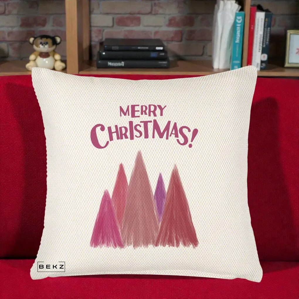 Perna Decorativa Merry Christmas Brazi Roz, 40x40 cm, Crem Reliefat, Husa Detasabila, Perna Inclusa, BEKZ®